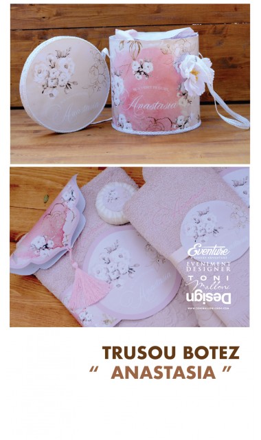 Trusou botez  brodat pentru fetite cu bujori roz, Floralia 6